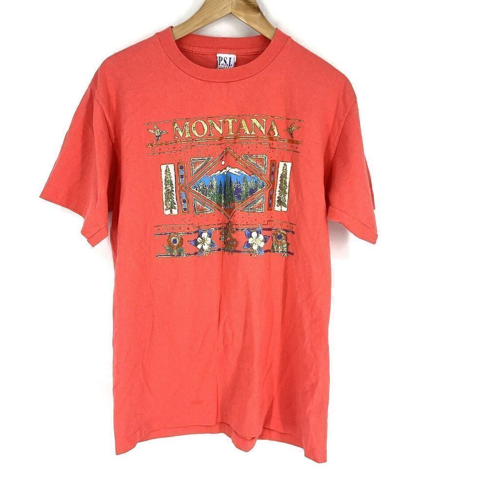 Vintage PSI T Shirt Size Large Pink Montana Gold Foil Single Stitch Crew USA 90s